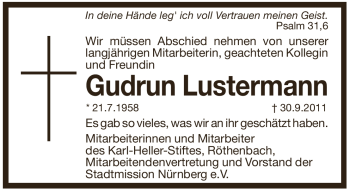 Traueranzeige von Gudrun Lustermann von Pegnitz-Zeitung